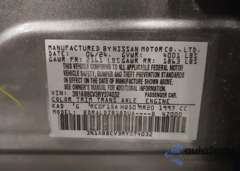 2024 Nissan Sentra Sv Xtronic Cvt z USA, uszkodzony, nr VIN 3N1AB8CV3RY374032